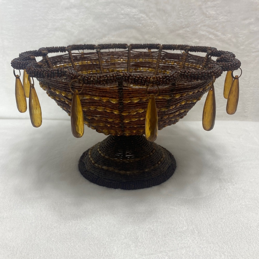 VTG Beaded Pedestal Bowl Amber Beads Brown Wire MCM Bread Basket Dinner Table